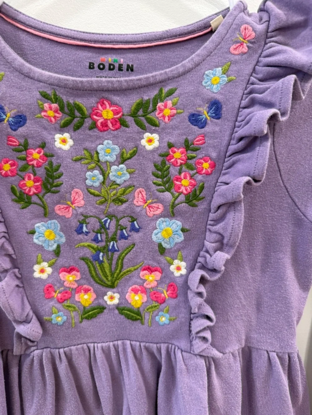 Mini Boden - Purple Floral Embroidered Bodice Dress, Size 8-9y
